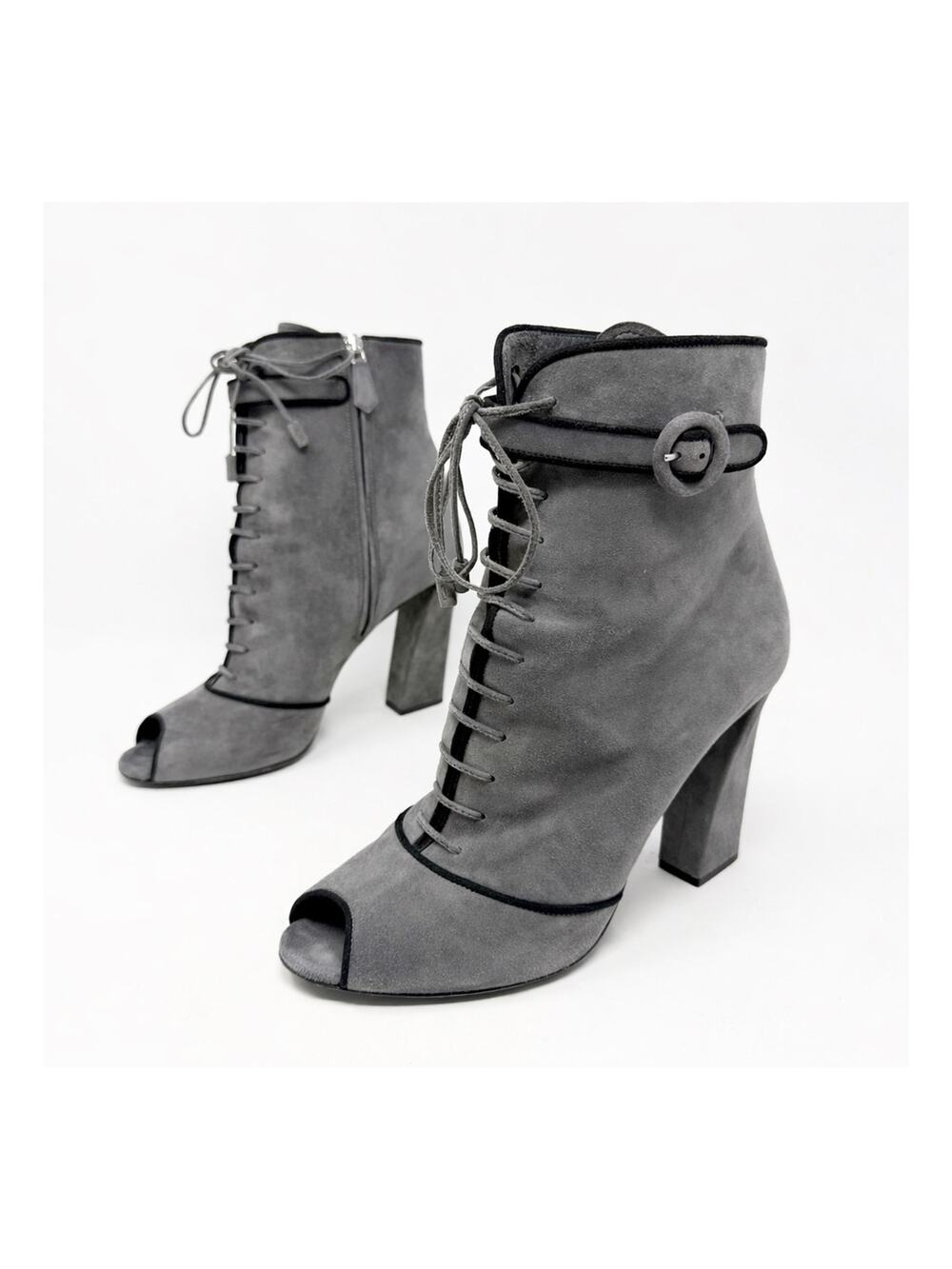 Prada Suede Peep Toe Lace Up Block Heel Boots Womens Size EU 40
